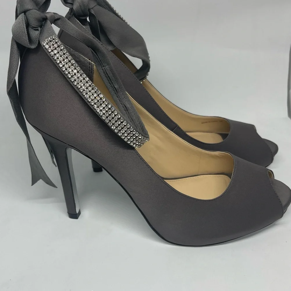 Nina Charcoal Satin Peep-Toe Heels with Rhinestone Ankle Straps and Ribbon Tie